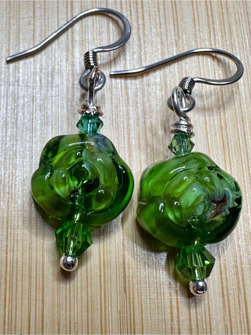 Green Marble Glass Flower Drop Earrings with Crystals-Handmade